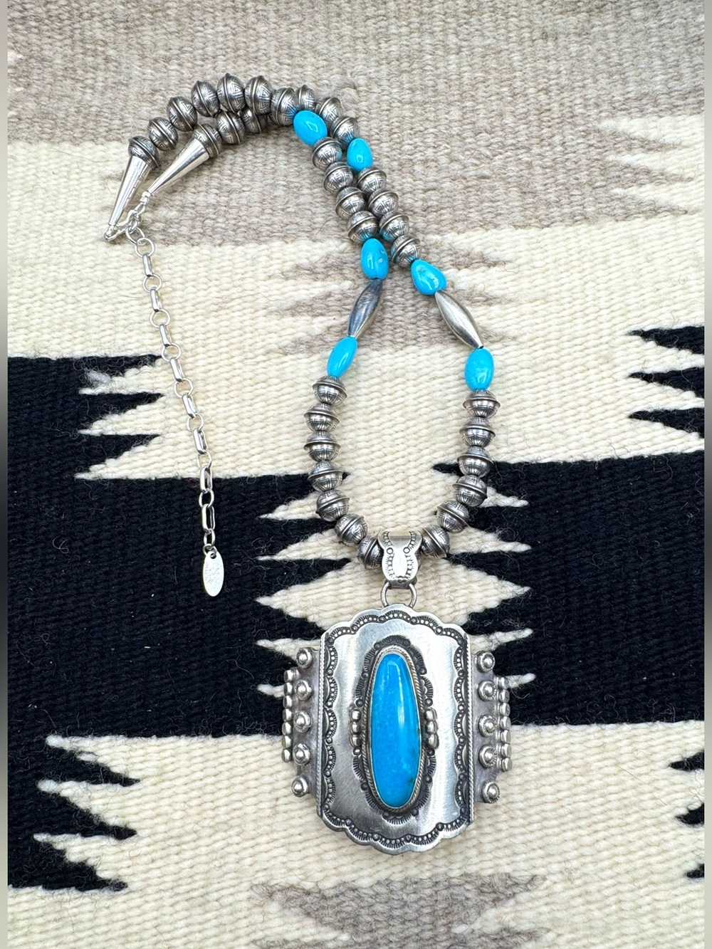 Navajo Native American Sterling Silver Turquoise Navajo Pearl Beaded Necklace